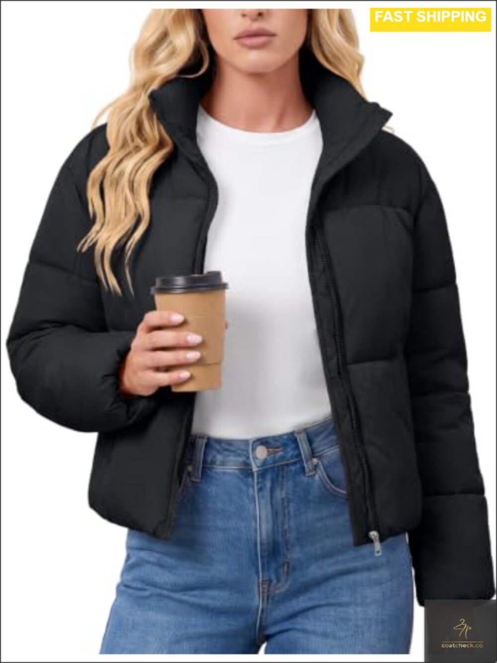 Women's Cropped Quilted Puffer Jacket Stand Collar Zip Winter Coat